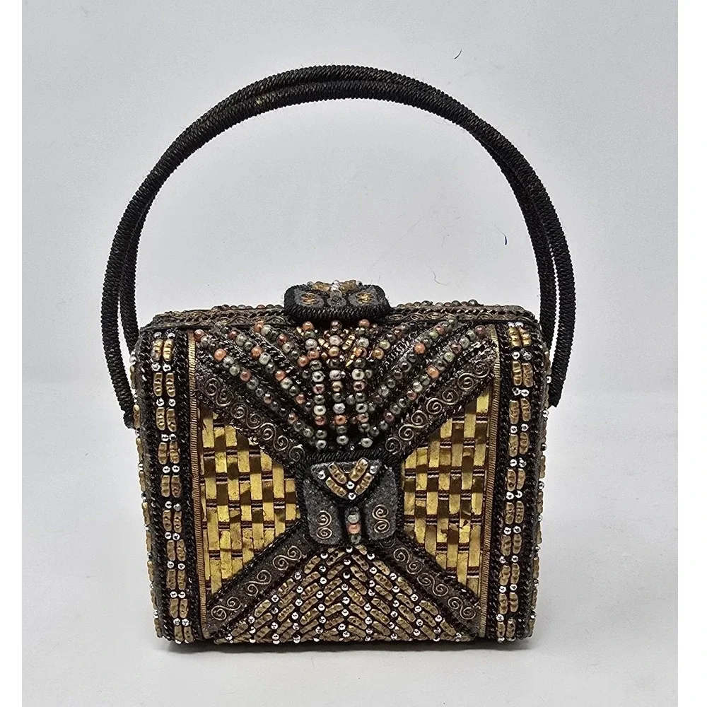 Vintage Mary Frances hard case handbag clutch metallic beaded accents